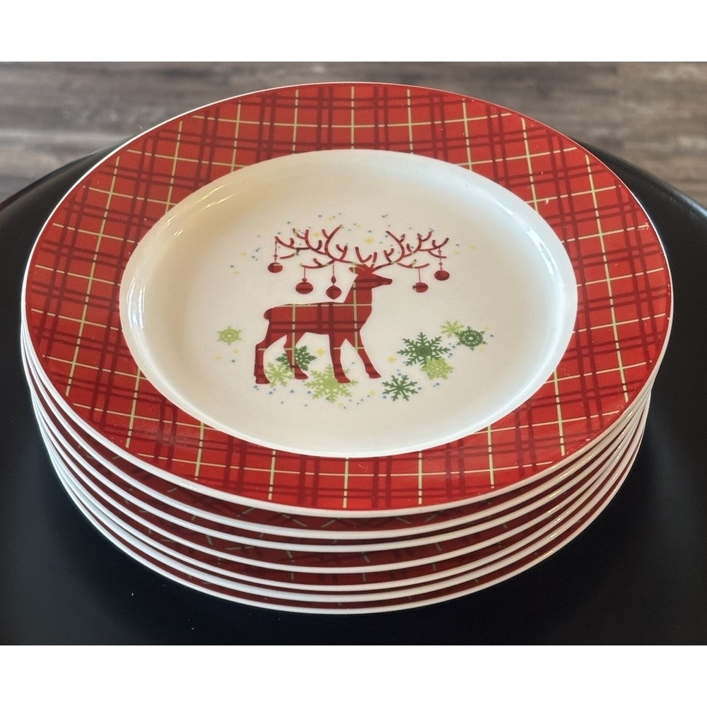 7 Canterbury Potteries Red Plaid Prancer Bread Plates 7.5" Christmas Reindeer